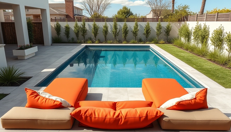 Modern pool design for small yards featuring vibrant seating.