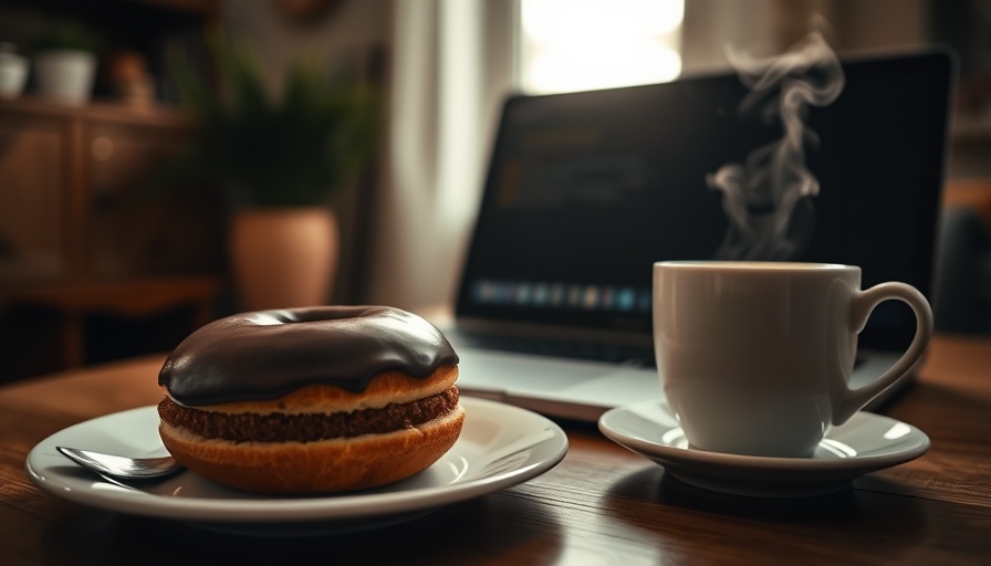 Chocolate donut and coffee in a home workspace scene.