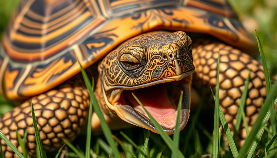 Close-up of a tortoise with an open mouth on grass