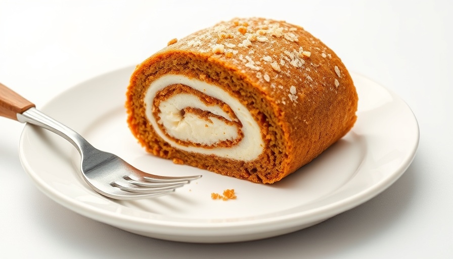 Protein carrot cake roll slice with creamy filling on a plate.
