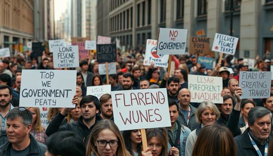 Diverse crowd protesting with signs in urban setting.