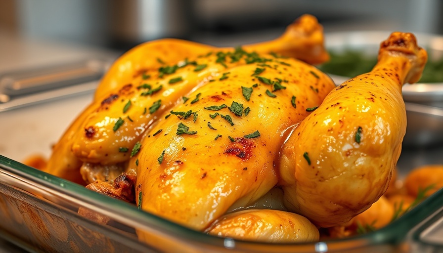 Golden roasted chicken in glass dish, perfect for family meals spring 2025.