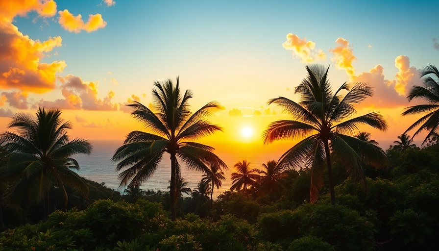 Tropical sunset over ocean with palm trees, small joys in life.