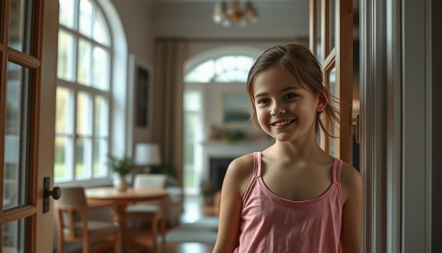 Girl in doorway with living room view, cozy and inviting.