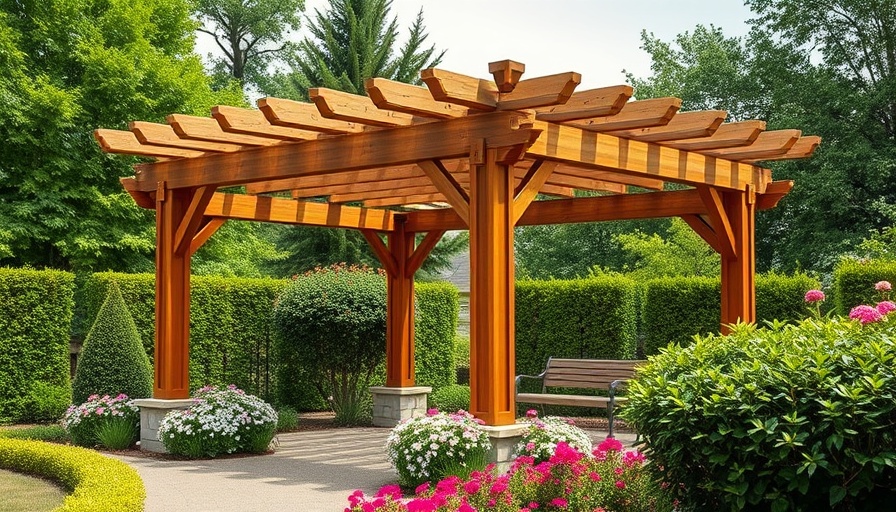 Traditional wooden pergola in a lush garden for Patricia Transformation.