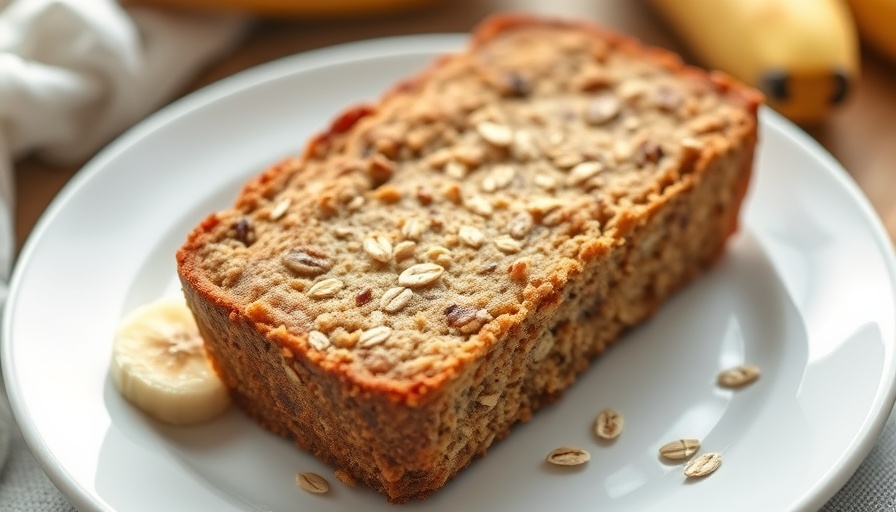 Slice of oat flour banana bread with banana and oats on a plate.