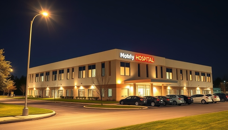 Rural residency program young doctors at illuminated hospital building.