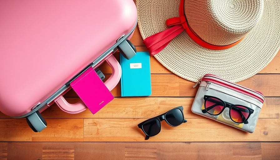 Travel wellness must-haves including passport holder, sunglasses, and makeup pouch.