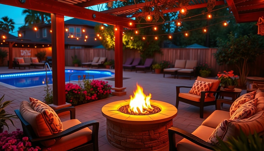 Cozy patio with fire pit and pool, Yoga and Barre Weekend Wellness ambiance.