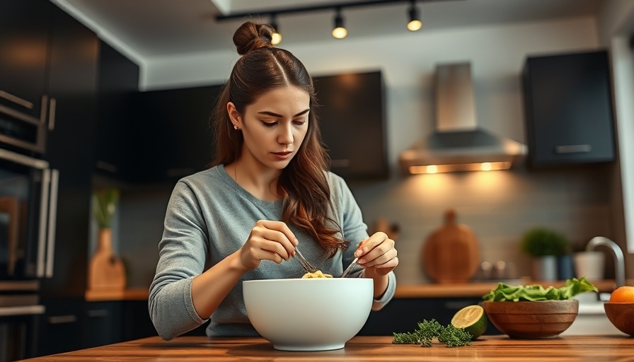 Young woman preparing a meal in a modern kitchen, focusing on protein intake.