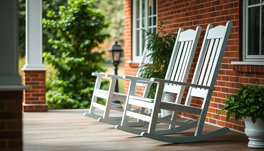 Serene porch with white rocking chairs reflecting tranquility.