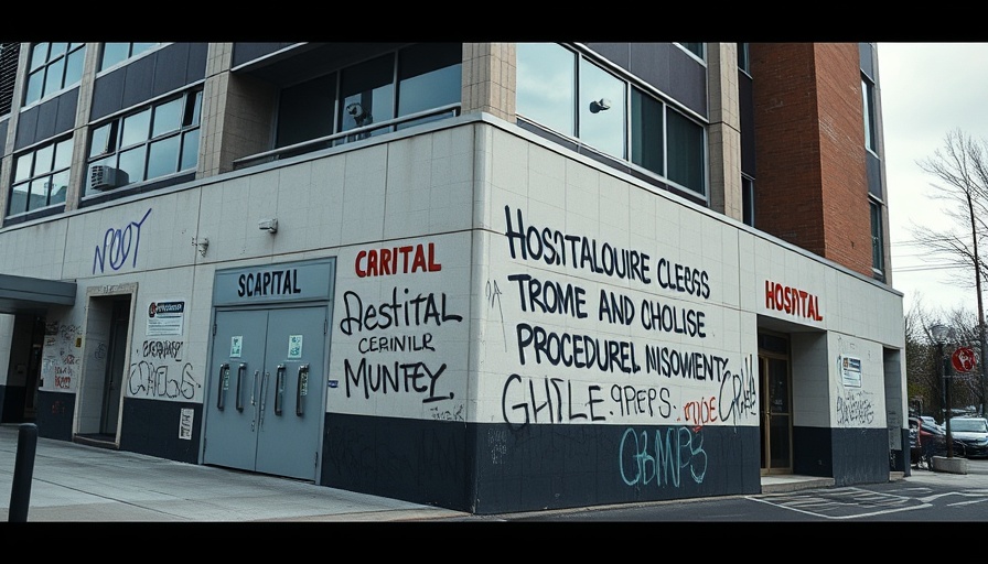 Mission Hospital controversy depicted via graffiti and building.