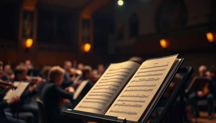 Music stand with sheet music in focus, symphony composed by non-verbal autistic man.