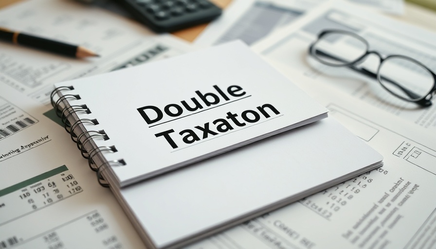 Notebook with 'Double Taxation' on a desk with financial documents and glasses, UK Spain double tax treaty.