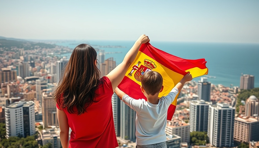 Woman and child with Spanish flag overlooking cityscape, moving to Spain from the US.