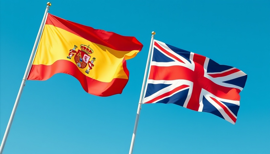 Spanish and UK flags waving under clear blue sky