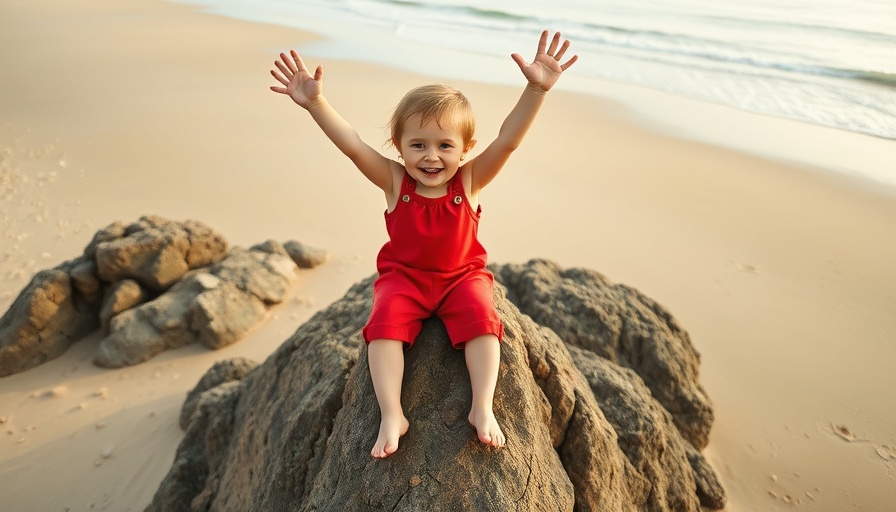 Joyful child sitting on rocks by a Algarve beach, family travel theme.