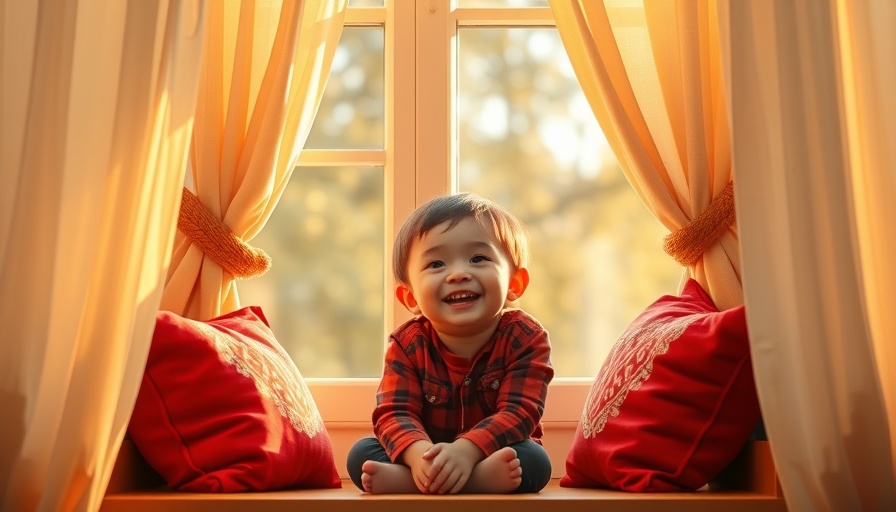 Young child smiling in a cozy window nook with red cushions.