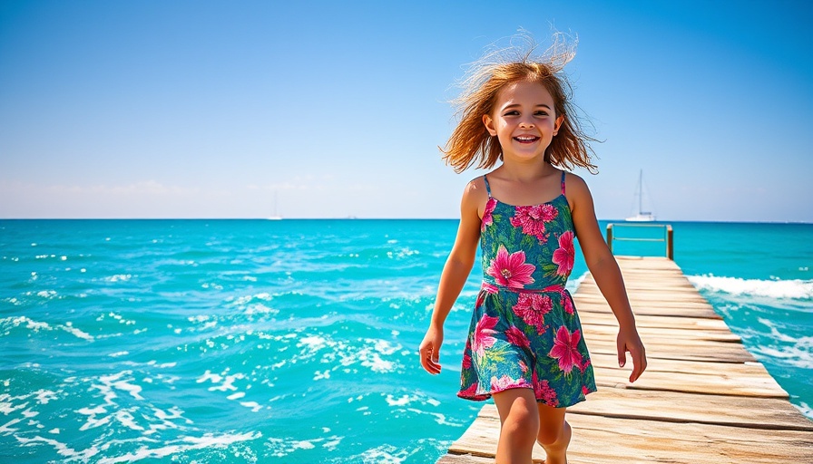 Child enjoying beach pier walk in Formentera.