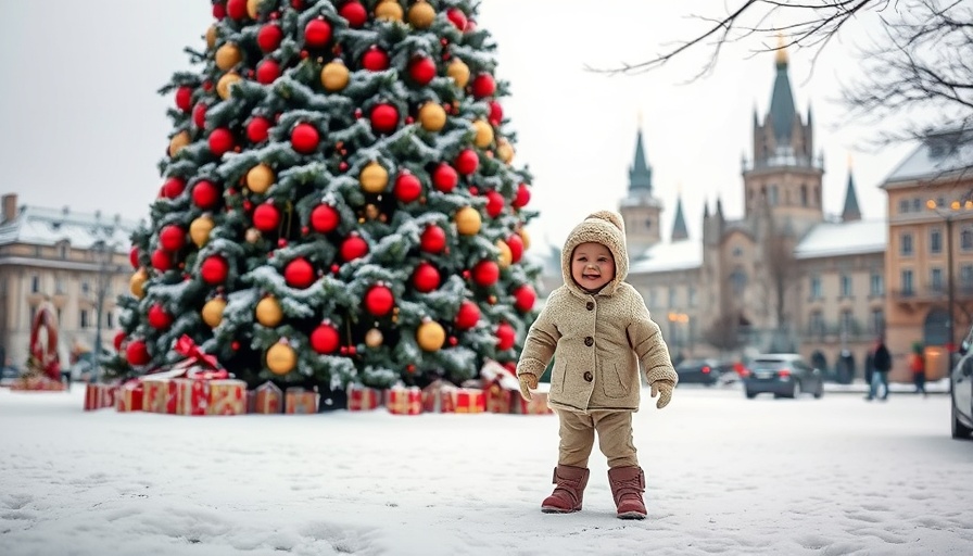 Vala's First Christmas: Child by Christmas tree in snowy city.