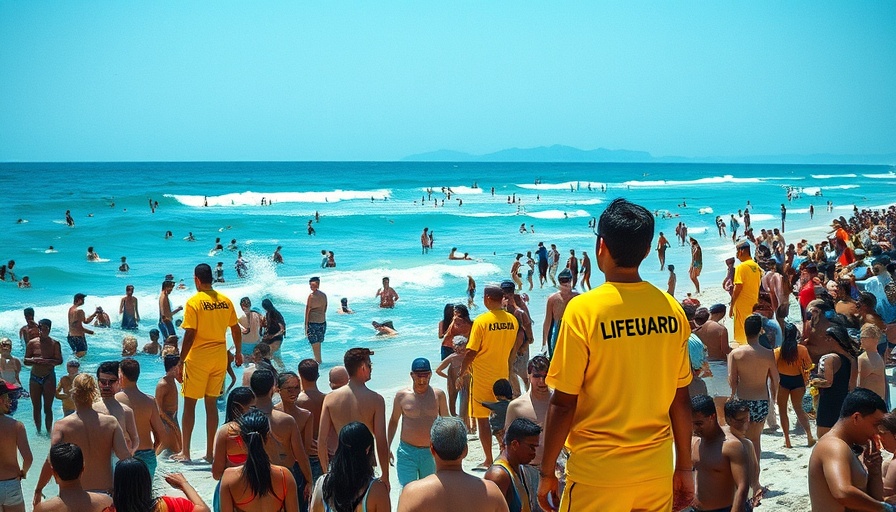 Crowded Australian beach scene during summer with lifeguards supervising.