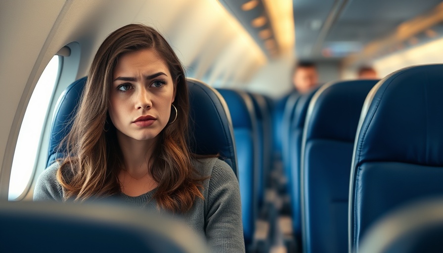 Frustrated young woman in airplane cabin illustrating family air travel tips.