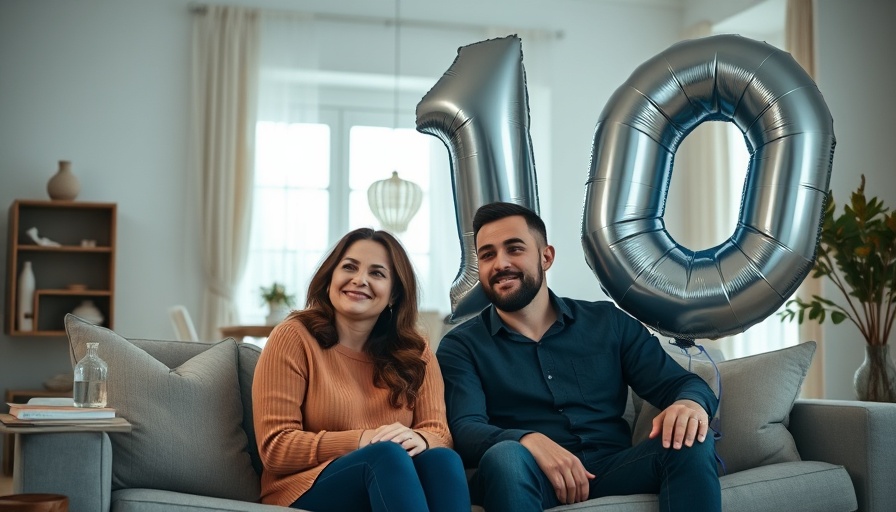 Couple reflecting in cozy living room with '10' balloons.