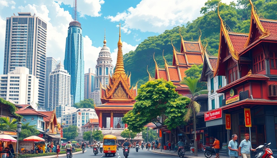 Contrasting urban and rural scene in Thailand, illustrating change.