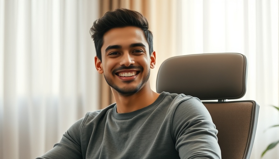 Casual young man in office chair, relaxed and smiling, neutral setting.
