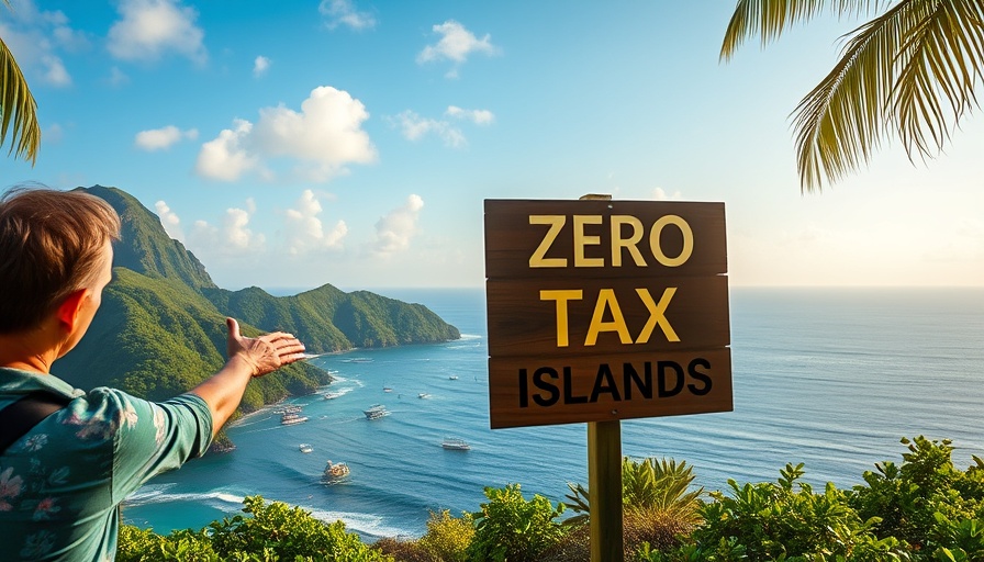 Tropical island and 'Zero Tax Islands' sign with person discussing.