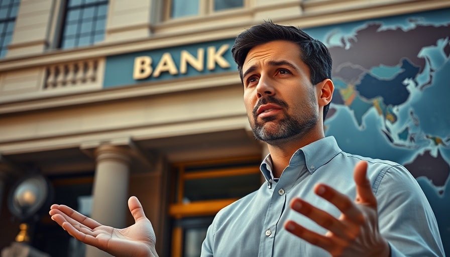 Professional man discussing free residence permits for bank accounts in front of map and bank.