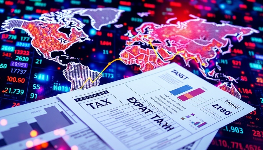 Digital art of expat taxation strategies with graphs and forms