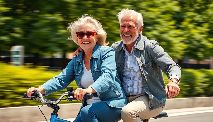 Joyful retired expats biking outdoors, healthcare tips visual