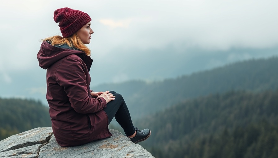 Woman enjoying solitude on a cliff with misty mountains.