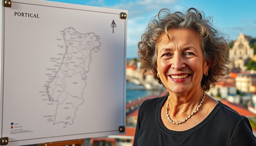 Older woman discusses moving to Portugal alone at 56, vibrant Porto skyline.