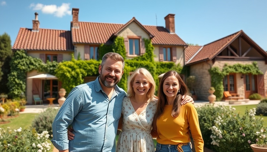 Happy family enjoying a year-long sabbatical in France, rustic villa background.