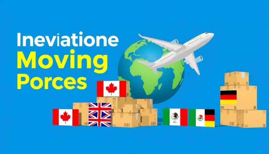 Graphic showing international moving process with boxes and flags.