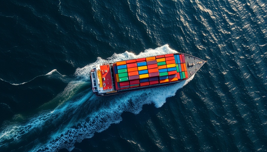 Overhead view of cargo ship with colorful containers, ocean freight.