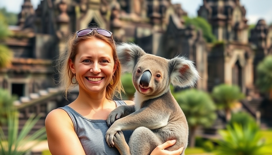 Living in Cambodia on $645 a Month: Smiling woman with koala, temple background.