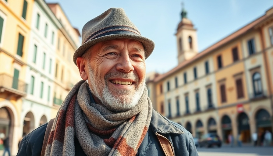 Retiring in Italy on Social Security: Smiling older man in vibrant town square.
