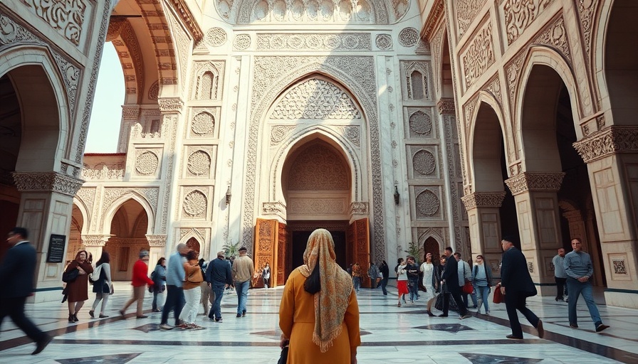 Woman embracing new life at Hassan II Mosque in Morocco.