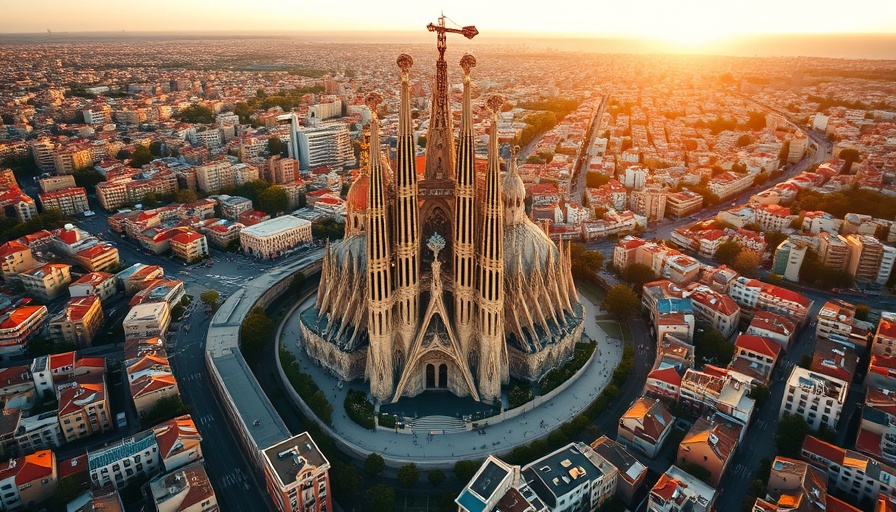 Aerial view of Barcelona cityscape with Sagrada Familia at sunset.
