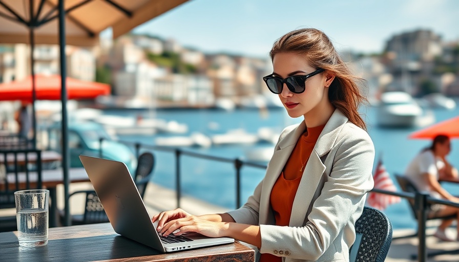 Woman embracing digital nomad lifestyle by the sea.
