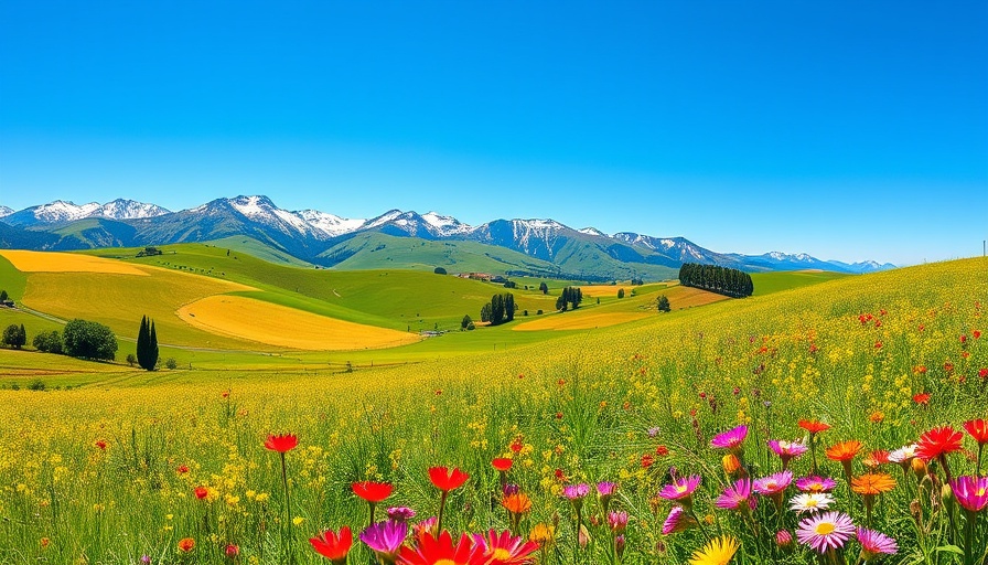 Scenic view of lush Gascony fields with snow-capped mountains.