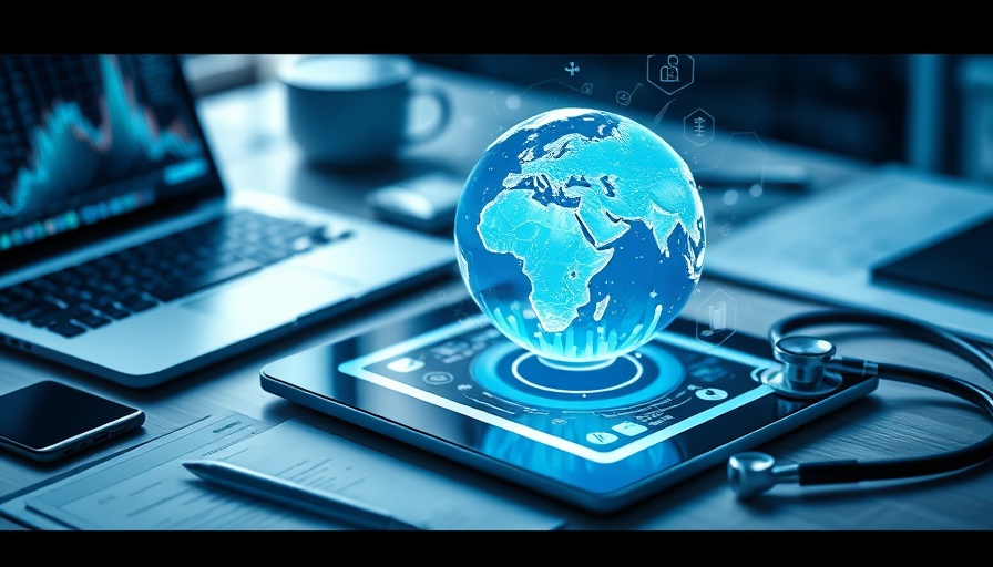 Futuristic healthcare scene with tablet and hologram for expat healthcare update.