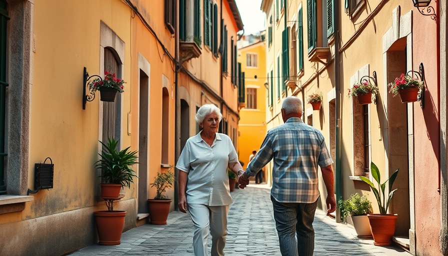 Retiring in Italy for US and UK Expats: Elderly couple walking in picturesque Italian alley.