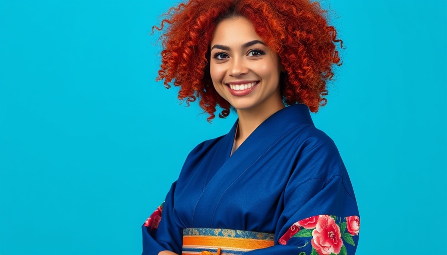 Woman smiling confidently against blue background for stress-free relocation tips.