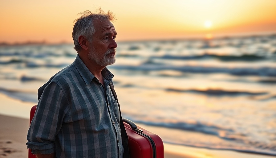 Man in his 40s with red suitcase at sunrise, Moving Abroad Alone in Your 40s.
