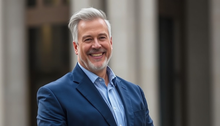 Middle-aged man in a blue suit smiling, building in the background.