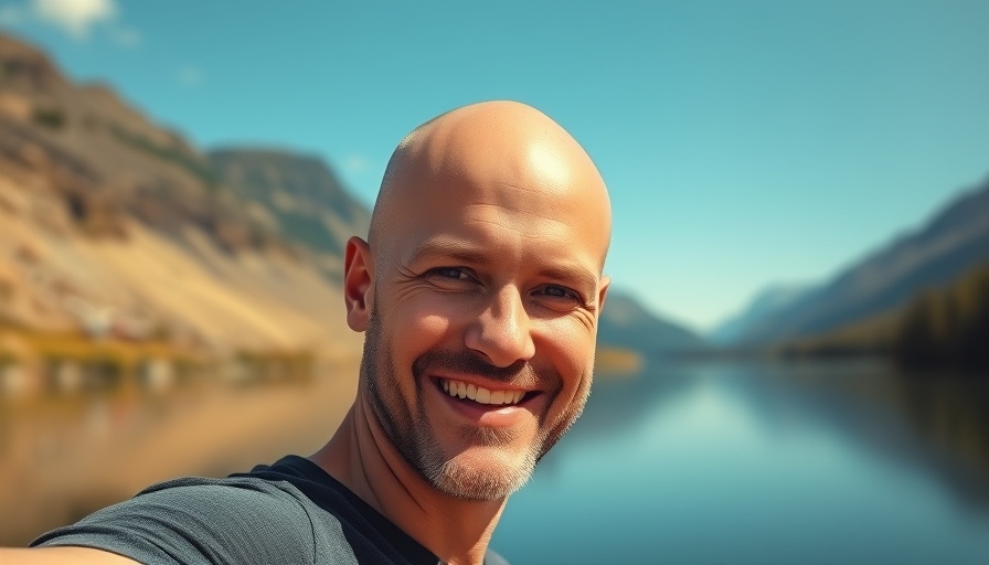 Bald man smiling with lake and mountains in the background